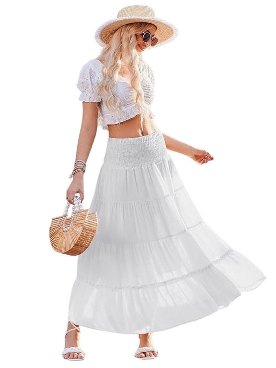 zeagoo Dresses & Skirts - Women’s White Smocked Waist Tiered Maxi Skirt Size Medium Boho Summer Long